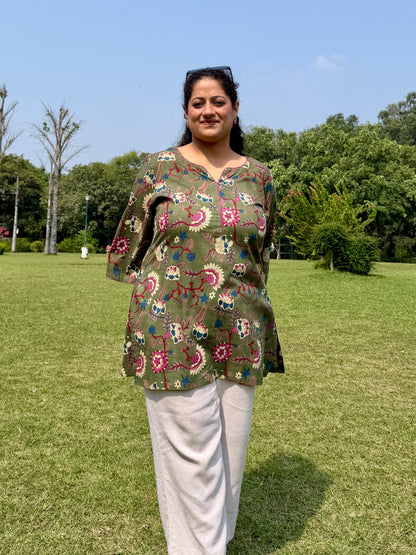 Green Floral 100% Cotton Kurta with Bell Sleeves