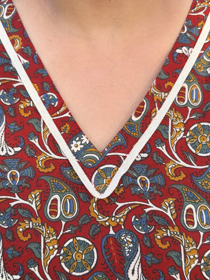 Maroon Paisley 100% Cotton Kurta with Chudi Sleeves