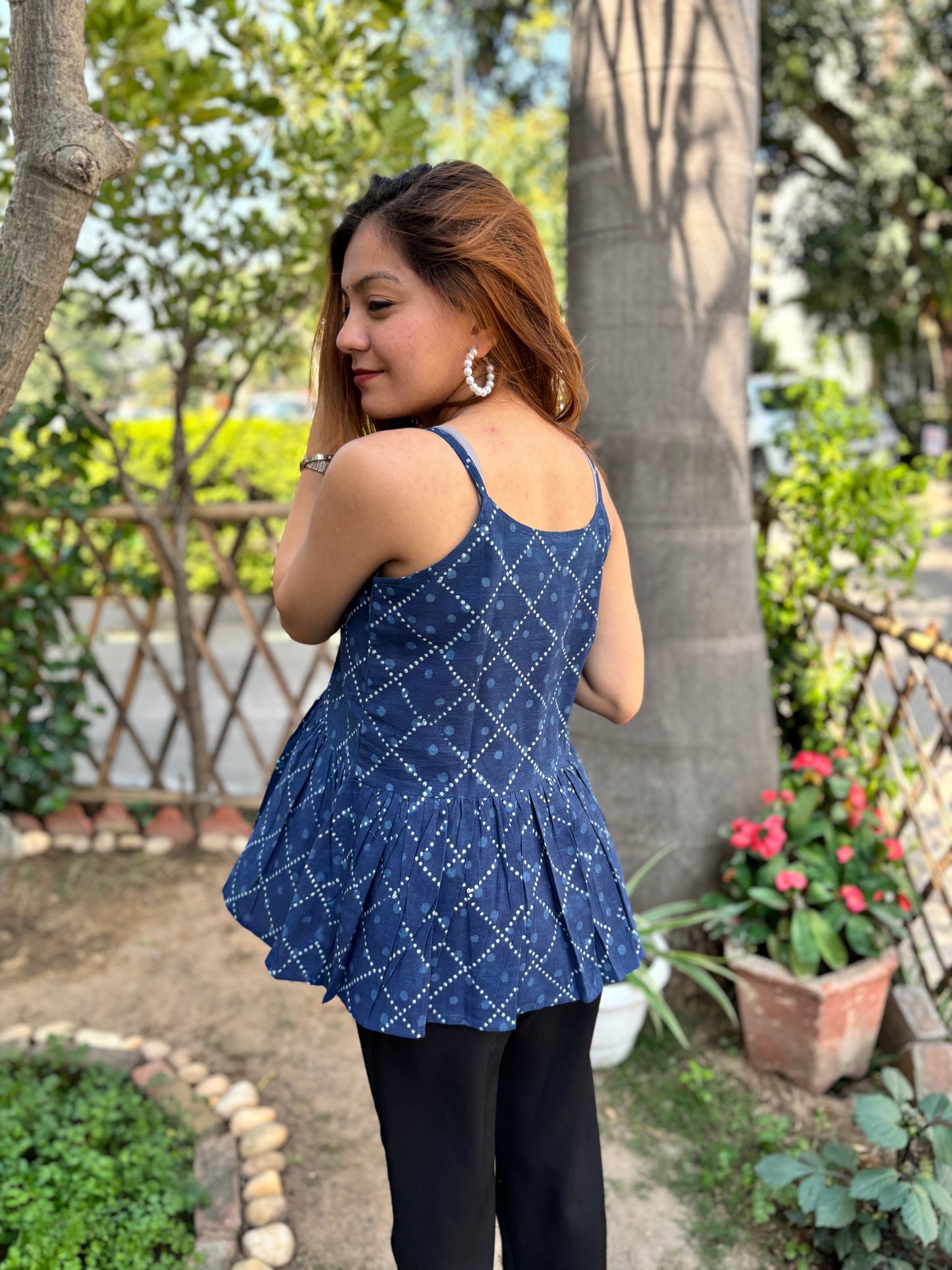 Indigo Printed Strap Top