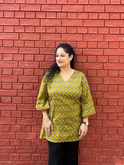 Olive Block Print Cotton Kurti