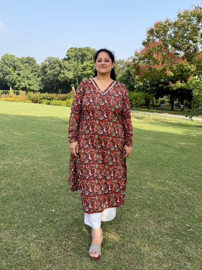 Maroon Paisley 100% Cotton Kurta with Chudi Sleeves