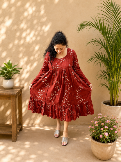 Rust Petal Chudi Sleeve Cotton Dress