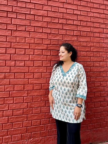 Ivory teal butti Short kurti