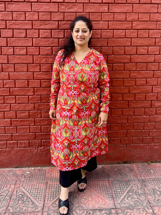 Red Design Bloom Straight Kurta
