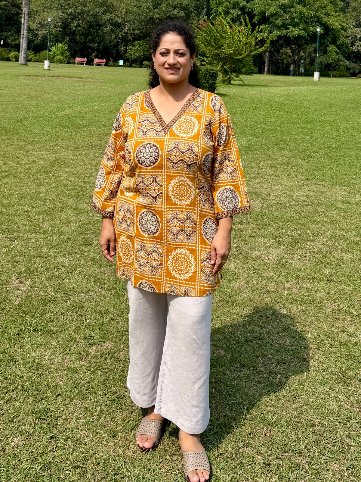 Mustard Block 100% Cotton Kurta with Bell Sleeves