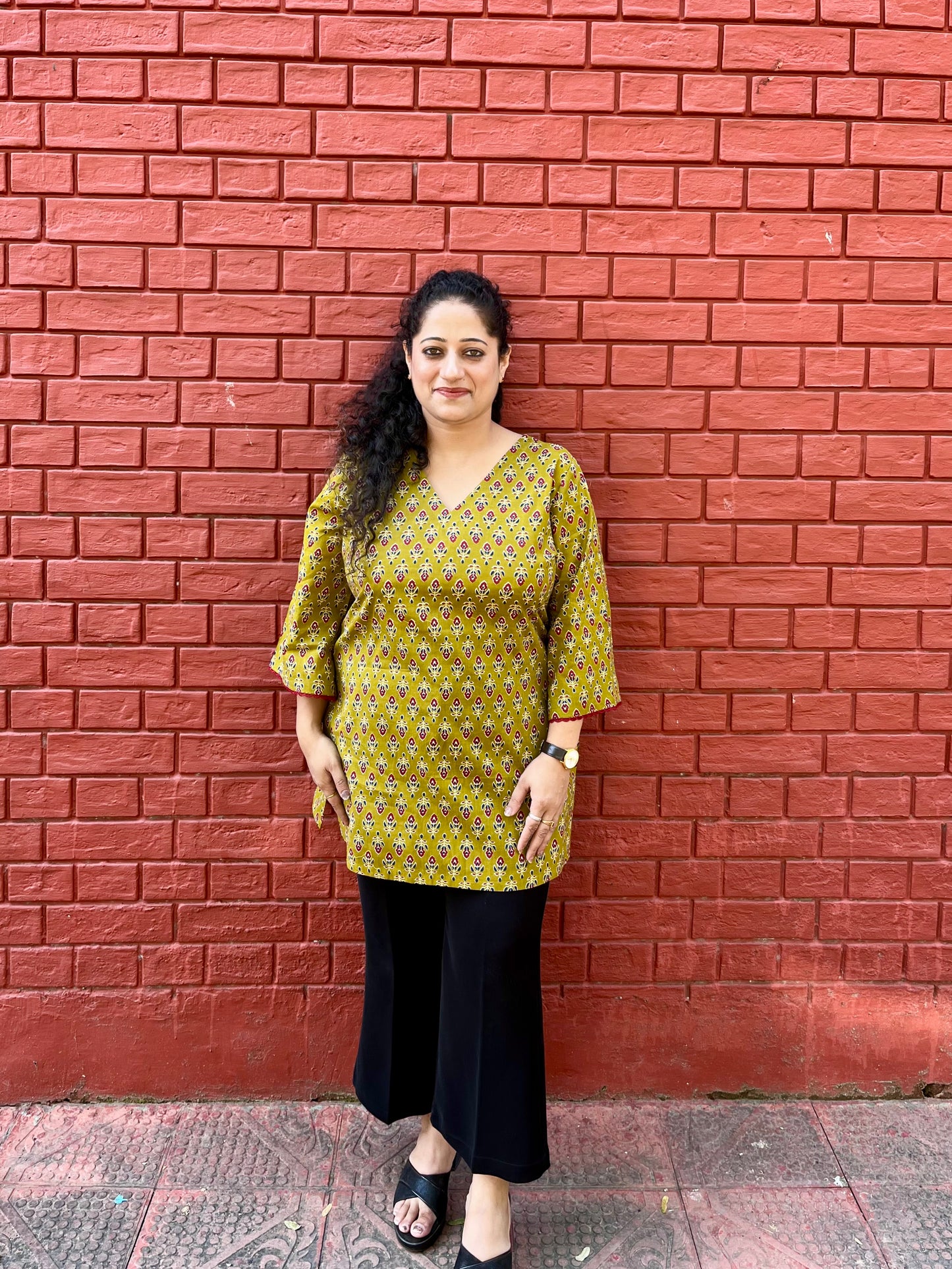 Olive Block Print Cotton Kurti