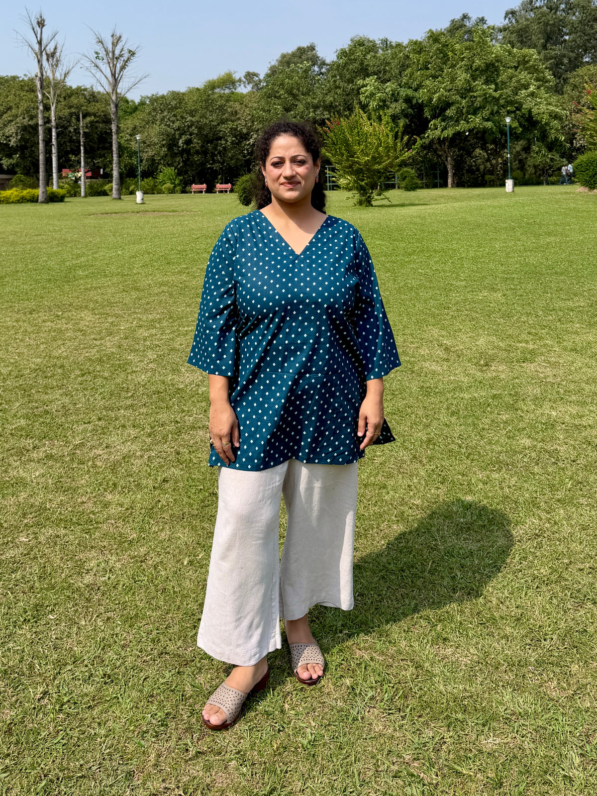 Blue Dot 100% Cotton Kurta with Bell Sleeves