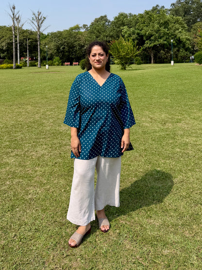 Blue Dot 100% Cotton Kurta with Bell Sleeves