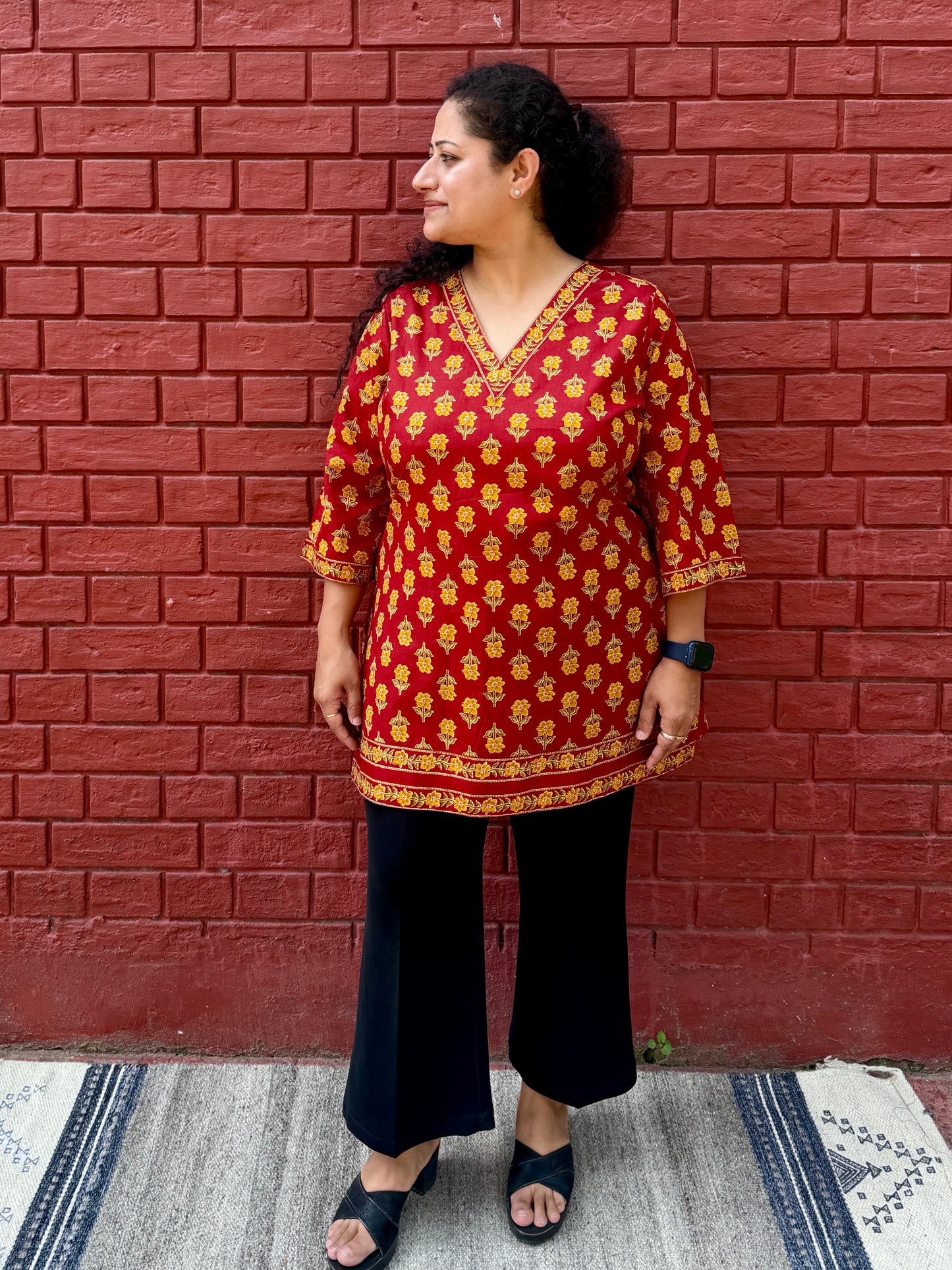 Red floral short kurta