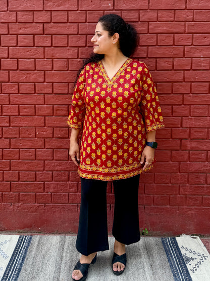 Red floral short kurta