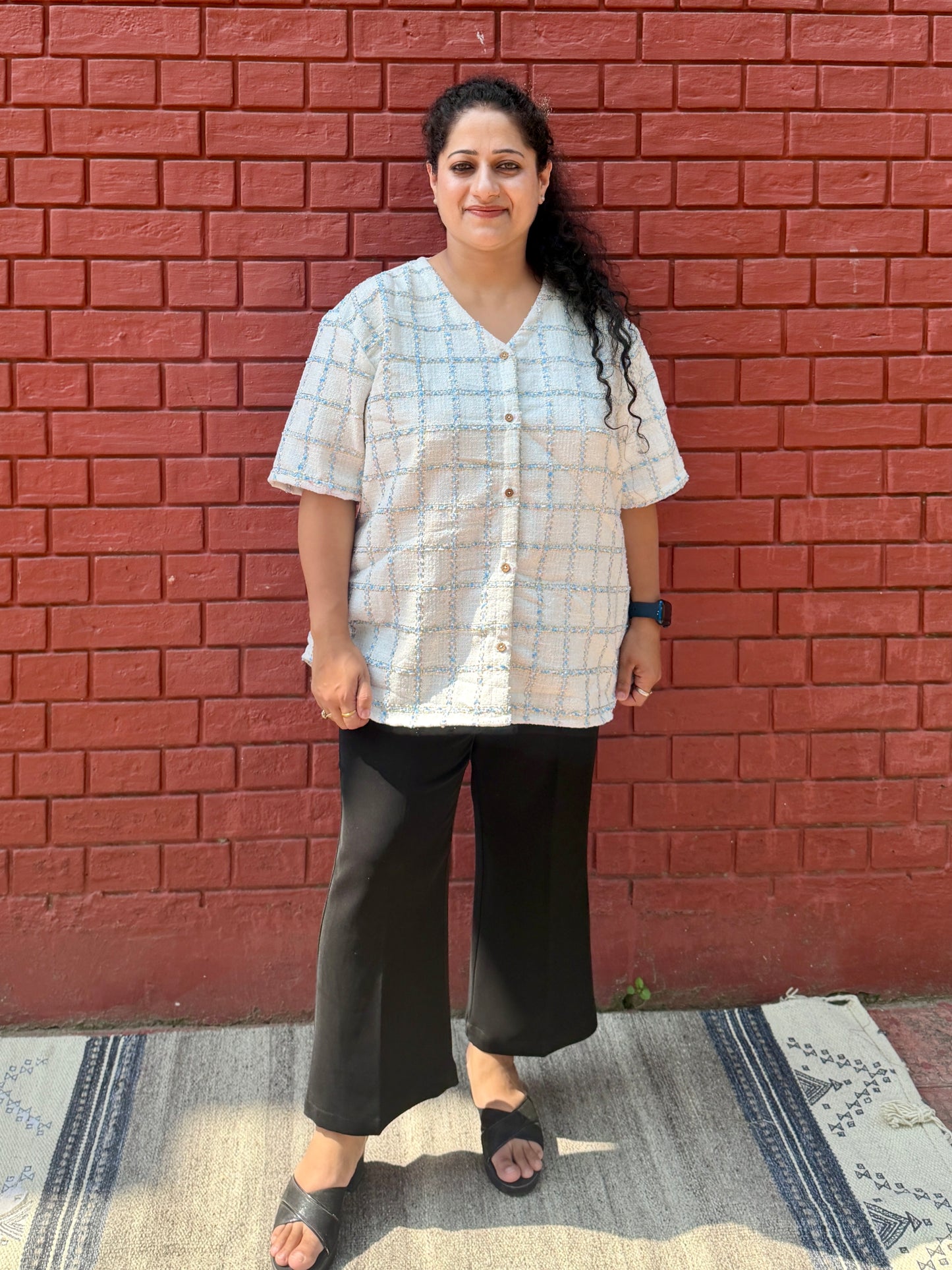 White blue check shirt