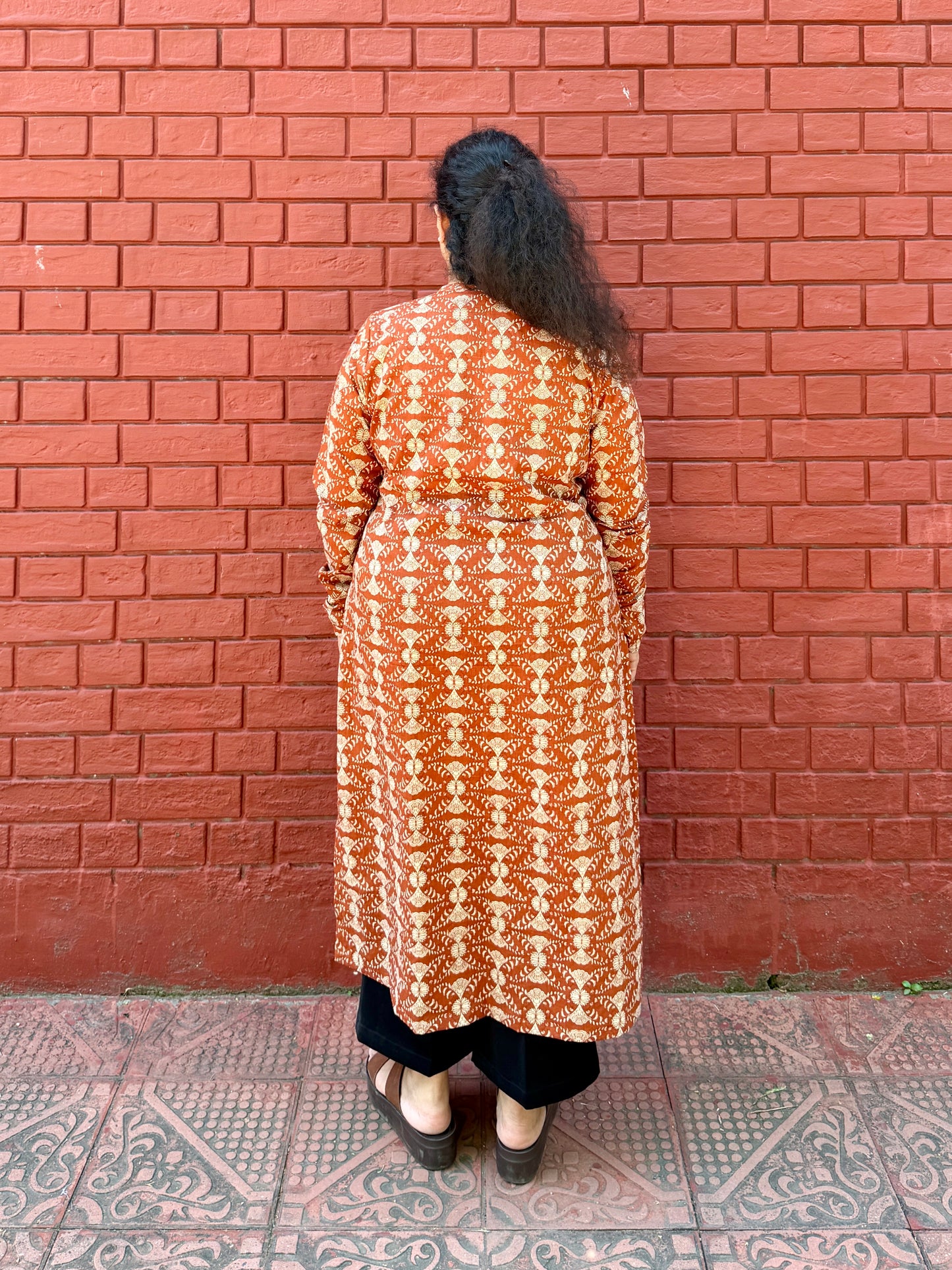 Rust floral chudi sleeves kurta