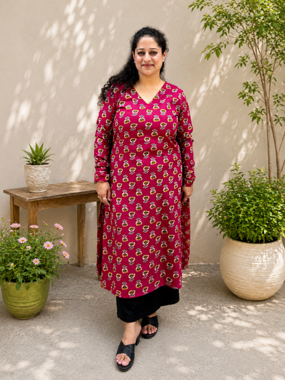 Magenta Bloom V-Neck Kurta