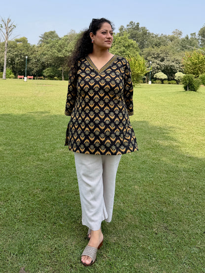 Noor Black Printed 100% Cotton Kurta with Bell Sleeves