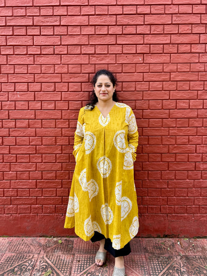 Mustard Block Print A-Line Kurti with pockets ✨