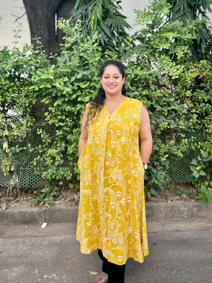 Mustard Hand-Sketch A-Line Kurta” with pockets ⭐