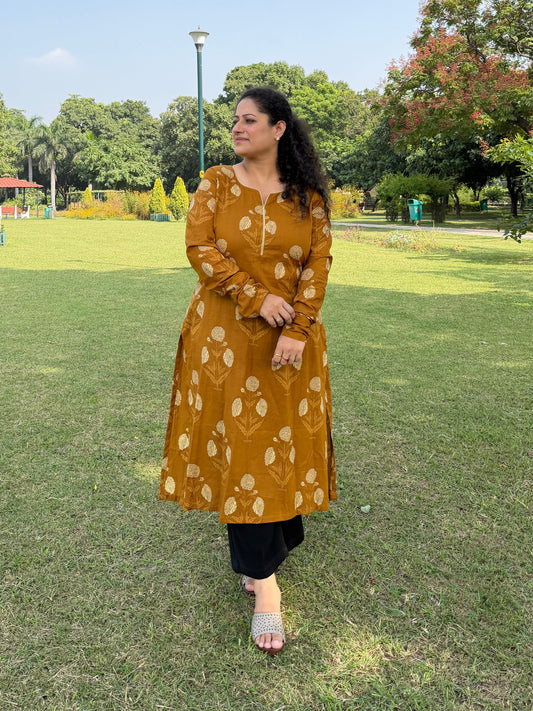 Mustard Leaf Print Kurta