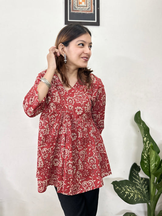 Red Floral Printed Flared Kurti