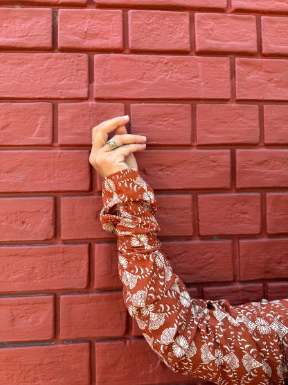 Rust floral chudi sleeves kurta