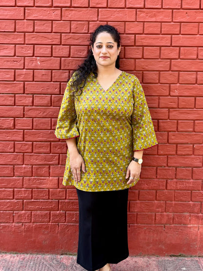 Olive Block Print Cotton Kurti