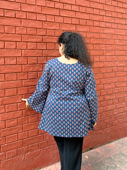 Indigo Ethnic Motif Flared Sleeve Kurti