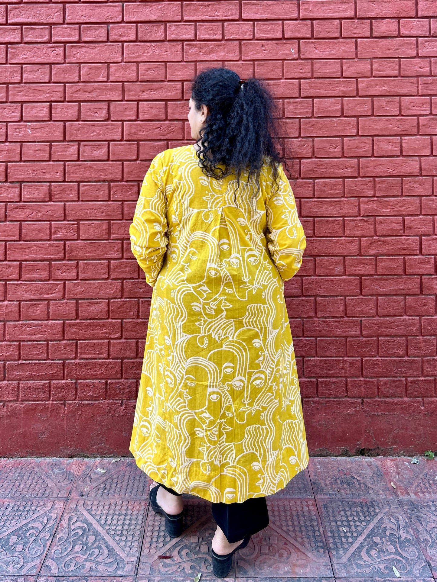 Mustard Hand-Sketch A-Line Kurta” with pockets ⭐