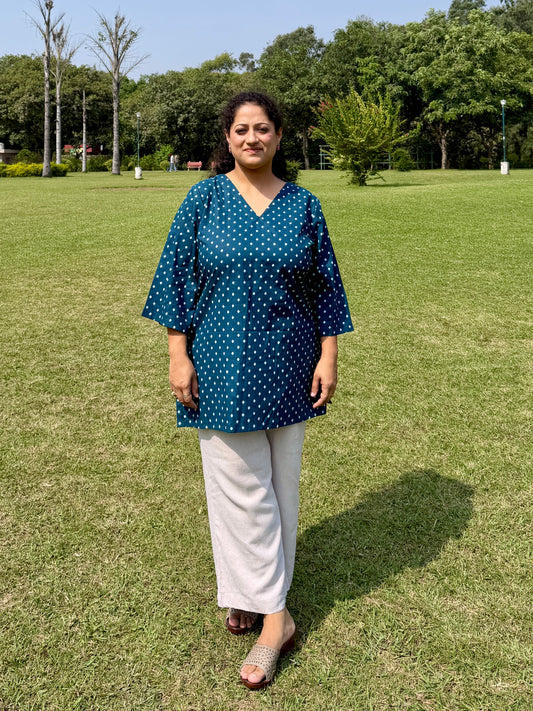 Blue Dot 100% Cotton Kurta with Bell Sleeves