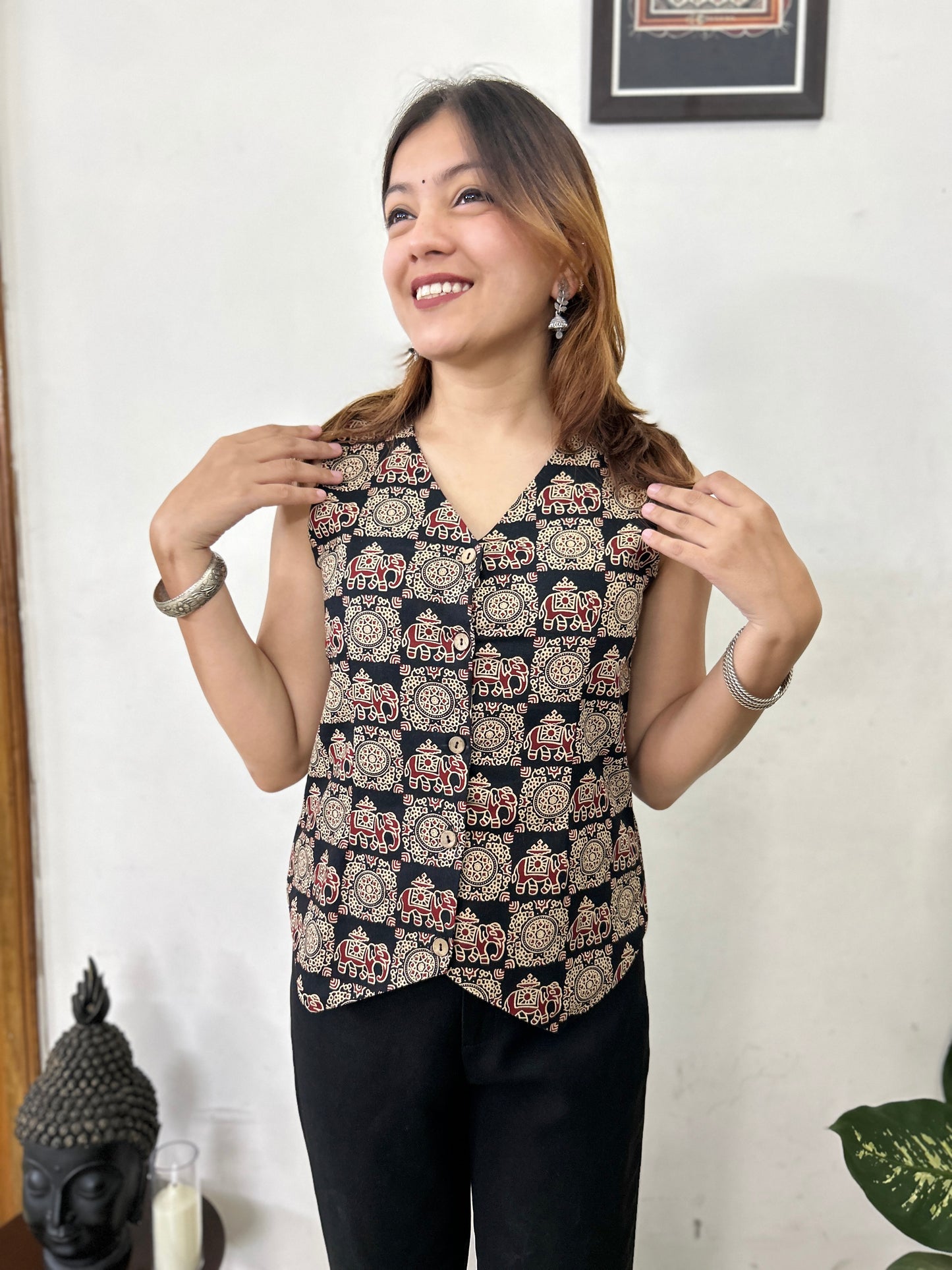 Black Elephanta Motifs Waistcoat