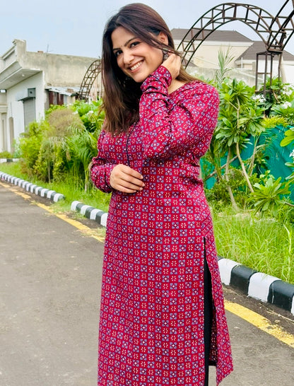 Maroon Geometric Print Kurta