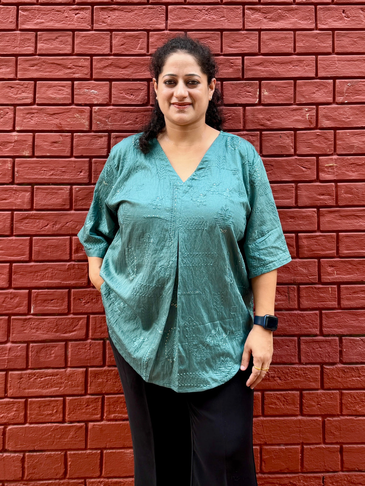 Teal Embroidered anti fit top