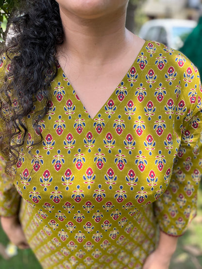 Olive Block Print Cotton Kurti