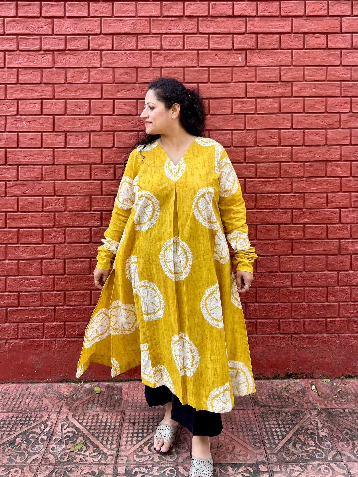 Mustard Block Print A-Line Kurti with pockets ✨