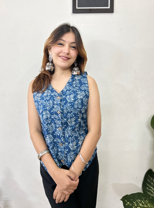 Indigo Floral Printed Sleeveless Top