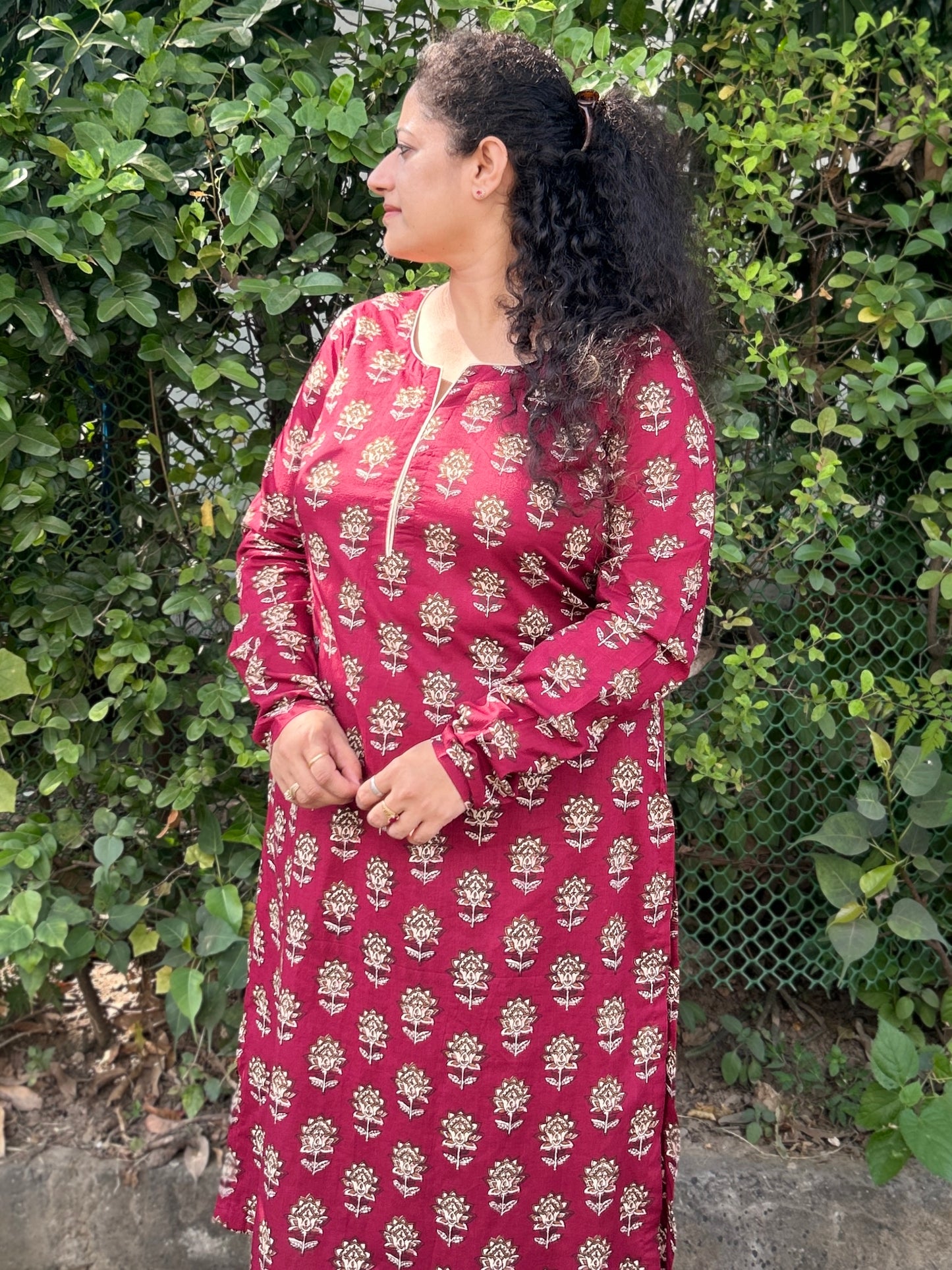 Maroon Block Print Straight Kurta