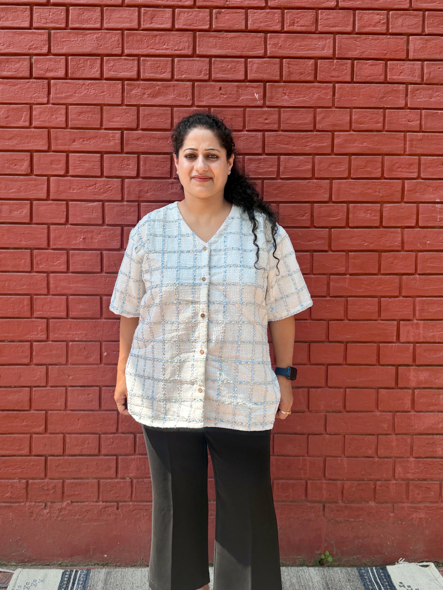 White blue check shirt