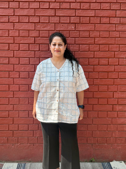 White blue check shirt