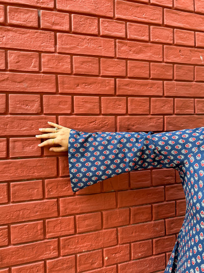 Indigo Ethnic Motif Flared Sleeve Kurti