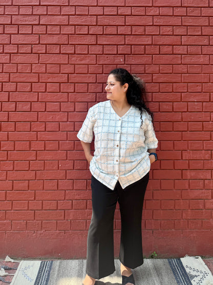 White blue check shirt