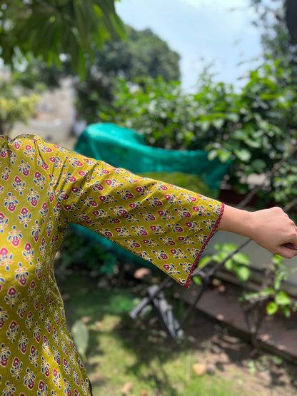 Olive Block Print Cotton Kurti