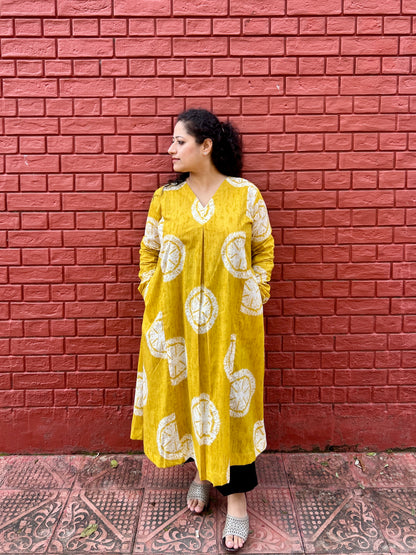 Mustard Block Print A-Line Kurti with pockets ✨