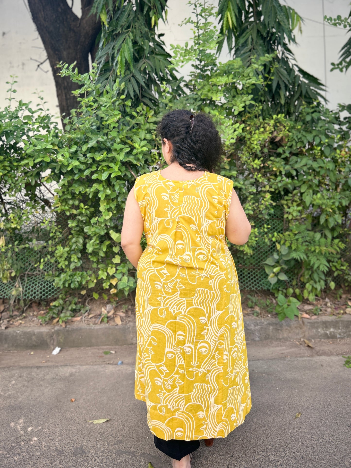 Mustard Hand-Sketch A-Line Kurta” with pockets ⭐