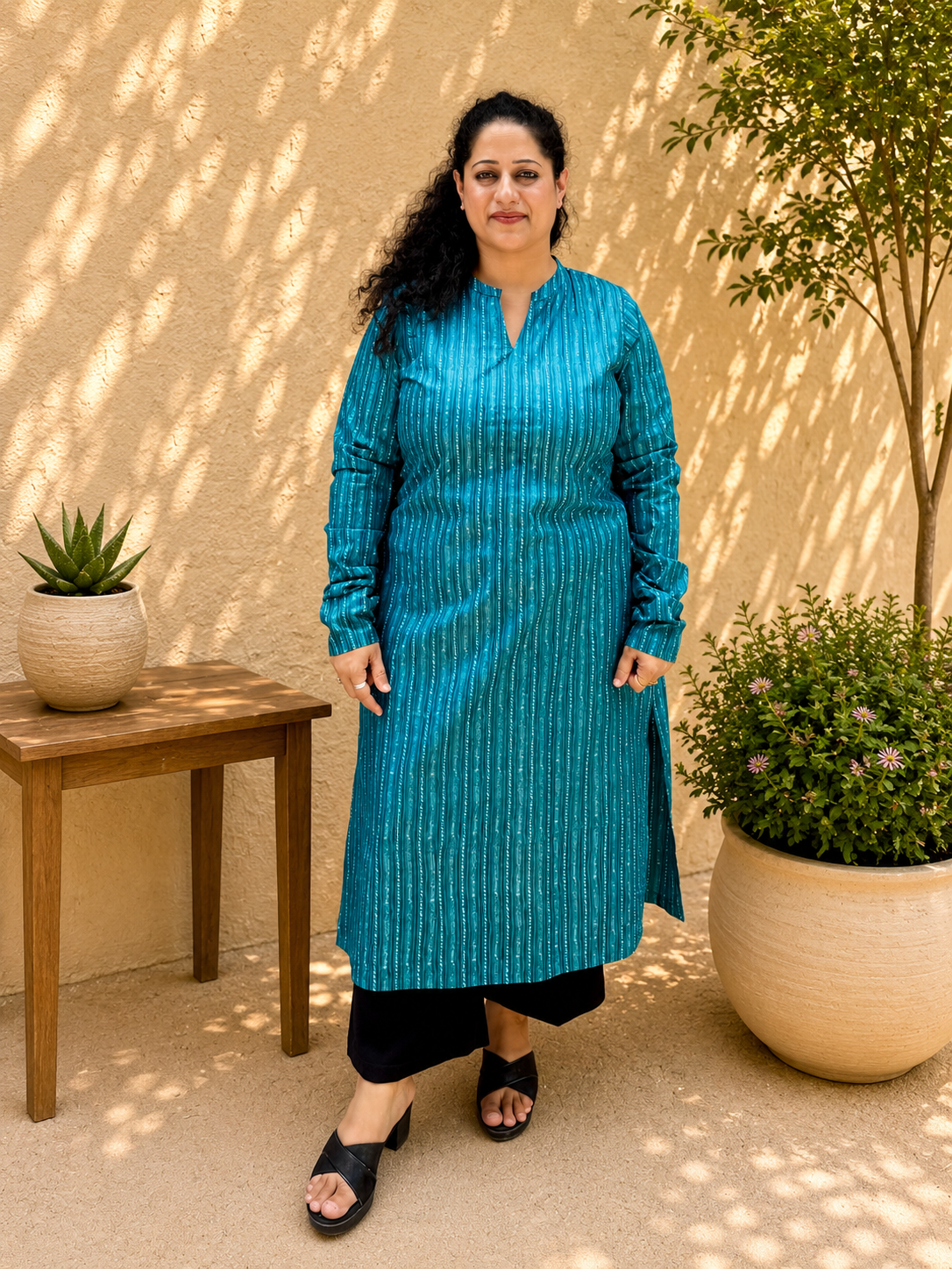 Teal Striped Kurta