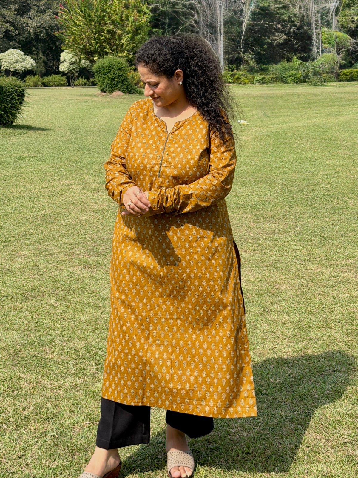 Mustard Buti 100% Cotton Kurta with Chudi Sleeves