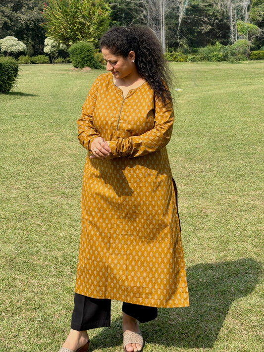 Mustard Buti 100% Cotton Kurta with Chudi Sleeves
