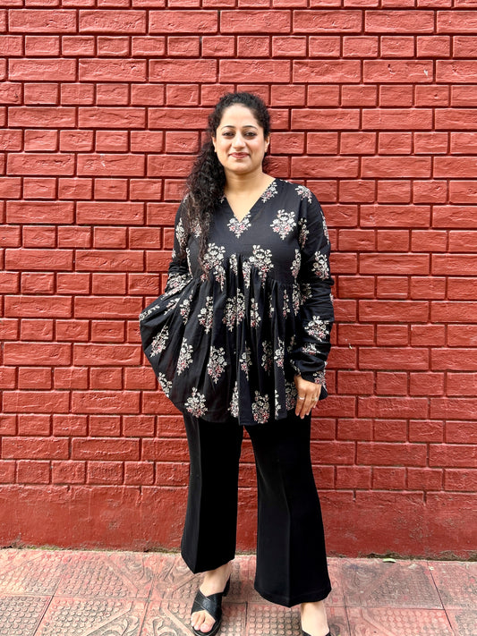 Black Floral V-Neck Gather Top