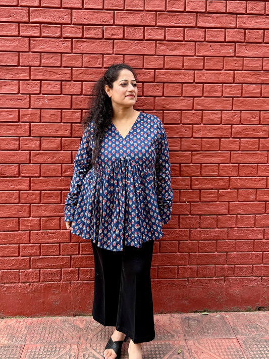 Indigo Laal Buti Gather Top
