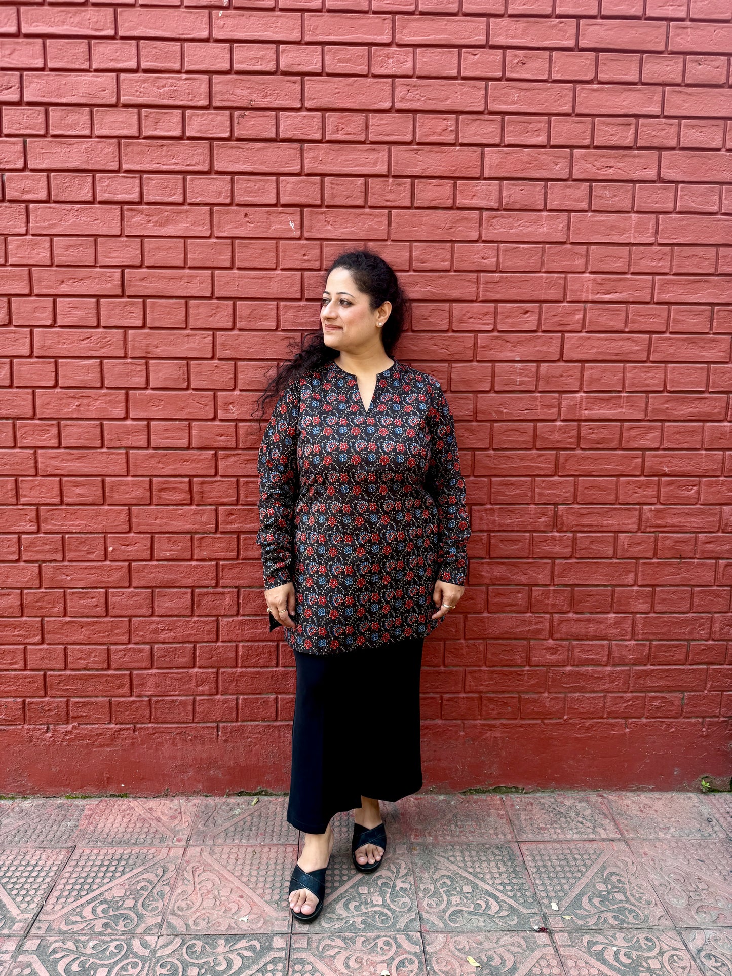 Black Floral Cotton Kurta