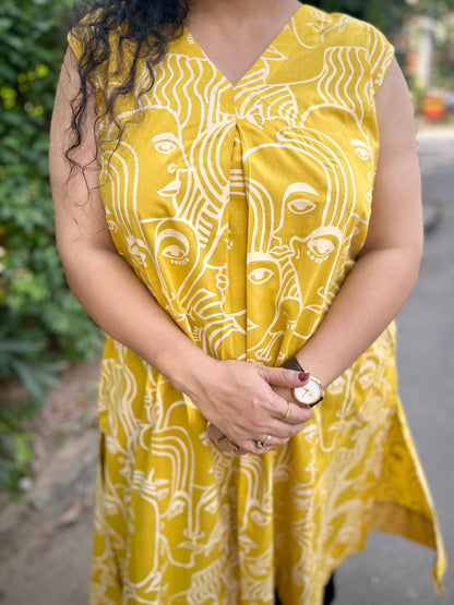 Mustard Hand-Sketch A-Line Kurta” with pockets ⭐