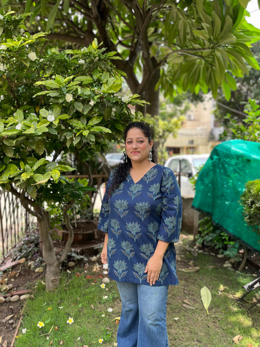 Midnight Bloom Indigo Cotton Kurti