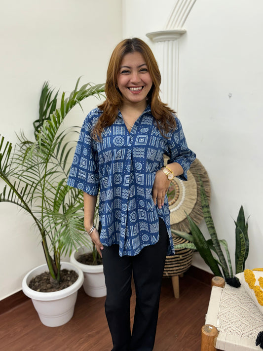 Indigo geometric collar top